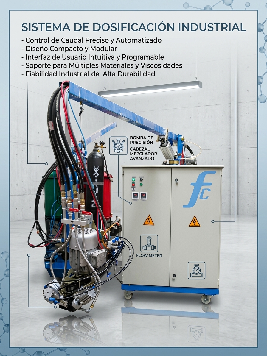 Sistema de dosificación industrial Fenix Core Tech con bomba de precisión, cabecera mezcladora avanzada y flow meter